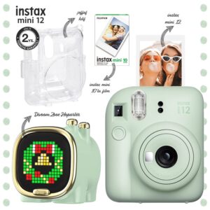 Instax mini 12 Yeşil Fotoğraf Makinesi-10'lu Film-Şeffaf Kılıf ve Divoom Zooe Led Ekranlı Bluetooth Hoparlör Seti
