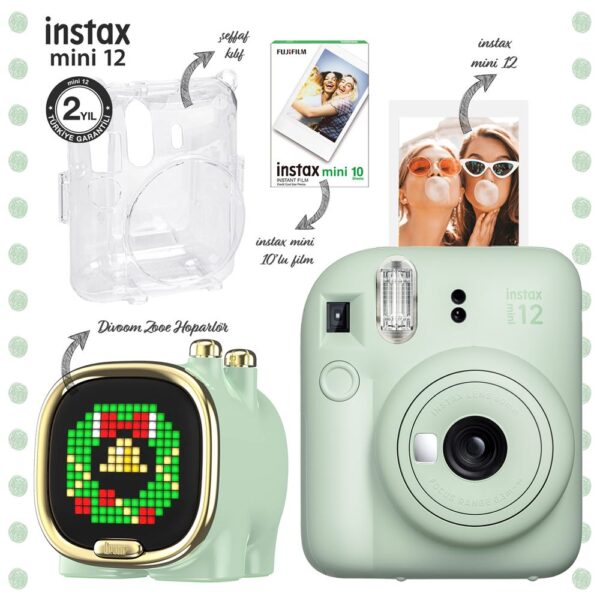Instax mini 12 Yeşil Fotoğraf Makinesi-10'lu Film-Şeffaf Kılıf ve Divoom Zooe Led Ekranlı Bluetooth Hoparlör Seti