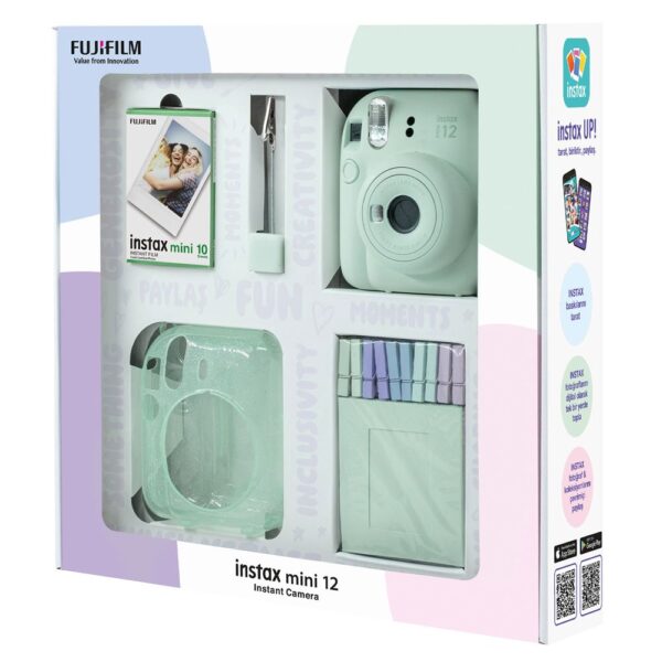 Instax mini 12 Yeşil Fotoğraf Makinesi 10'lu Film Simli Pleksi Kılıf Mandal ve Kıskaçlı Resim Standı Bundle Box - Görsel 2