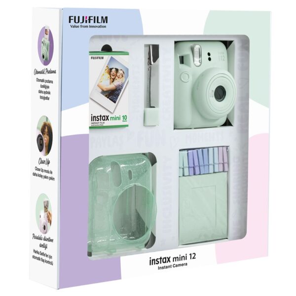 Instax mini 12 Yeşil Fotoğraf Makinesi 10'lu Film Simli Pleksi Kılıf Mandal ve Kıskaçlı Resim Standı Bundle Box - Görsel 3
