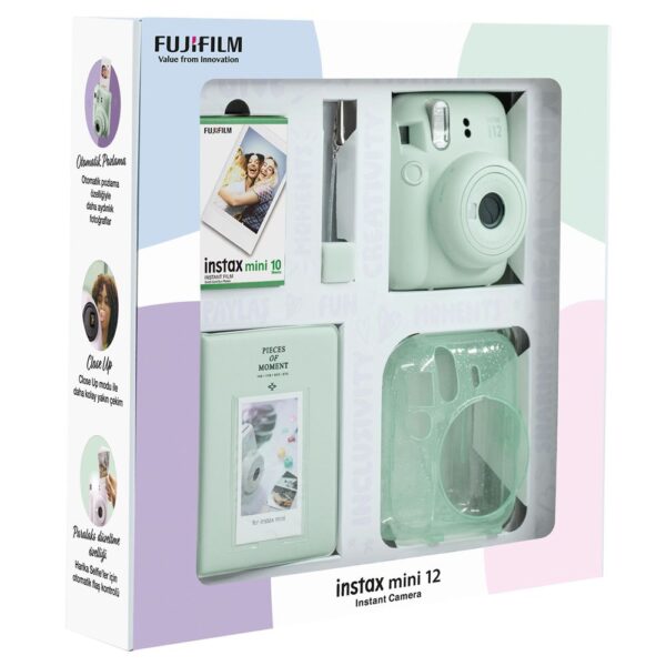 Instax mini 12 Yeşil Fotoğraf Makinesi 10'lu Film Simli Pleksi Kılıf PVC Albüm ve Kıskaçlı Resim Standı Bundle Box - Görsel 2