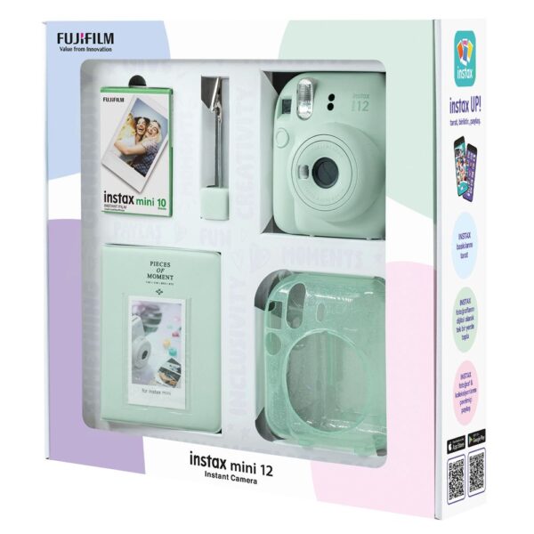 Instax mini 12 Yeşil Fotoğraf Makinesi 10'lu Film Simli Pleksi Kılıf PVC Albüm ve Kıskaçlı Resim Standı Bundle Box - Görsel 3