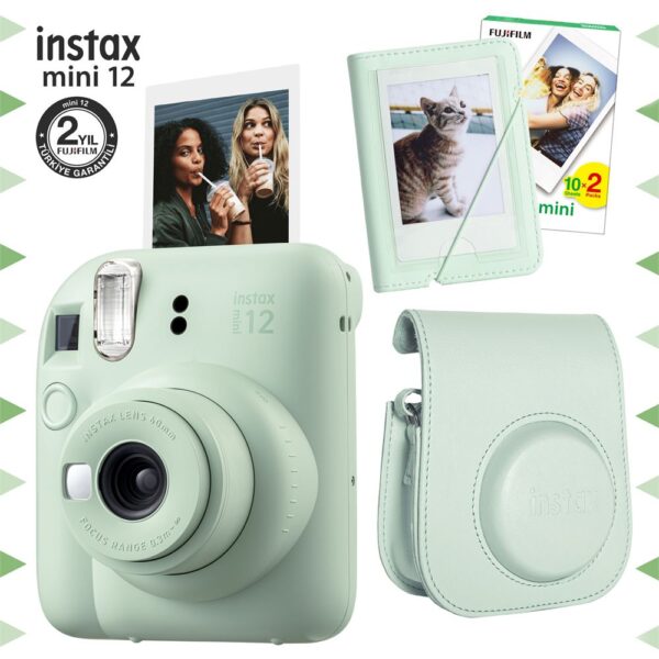 Instax mini 12 Yeşil Fotoğraf Makinesi-20'lu Film-Mini Albüm ve Deri Kılıf Seti