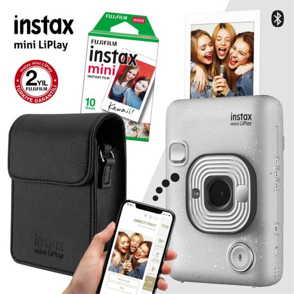 Instax mini LiPlay Hybrid Stone White Fotoğraf Makinesi Çantalı Hediye Seti 3