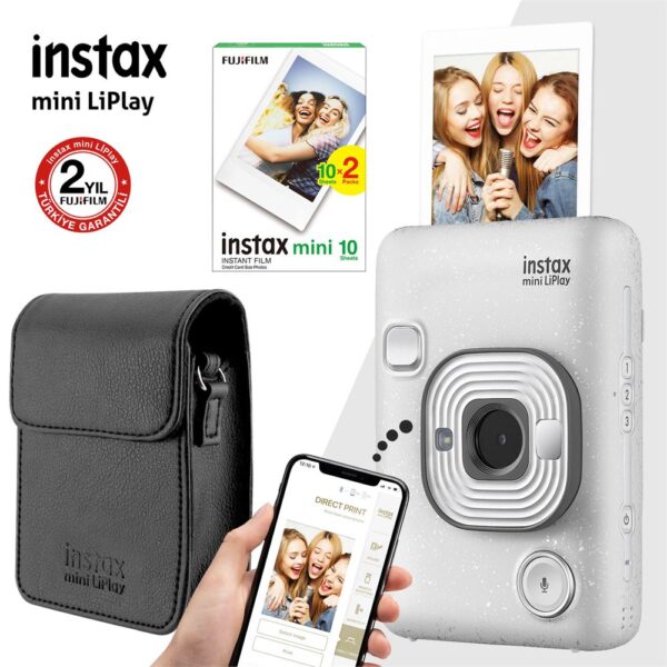 Instax mini LiPlay Hybrid Stone White Fotoğraf Makinesi Çantalı Hediye Seti 4