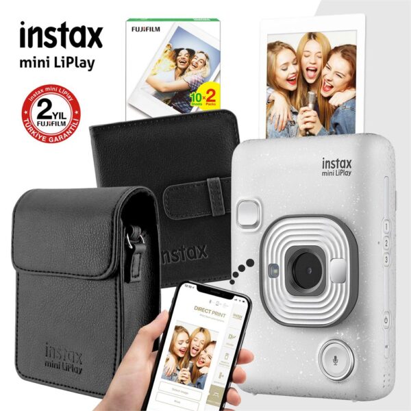 Instax mini LiPlay Hybrid Stone White Fotoğraf Makinesi Hediye Seti
