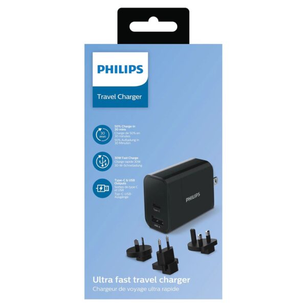 Philips DLP2621T Siyah USB-A ve USB-C Bağlantılı Seyahat Adaptörü - Görsel 2