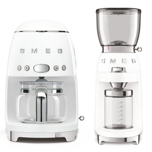 Smeg Beyaz Filtre Kahve Makinesi ve Kahve Öğütme Makinesi Seti